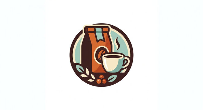 Coffee bag and cup with steam illustration.