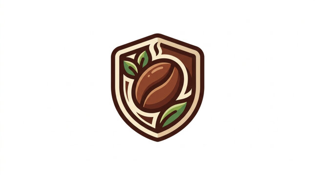 Coffee Bean Emblem with Leaves and Shield Shape.
