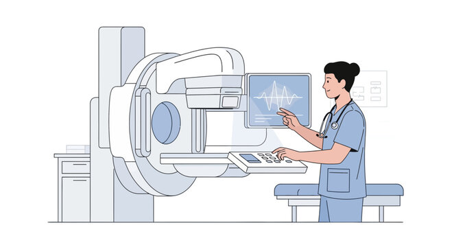 Doctor using medical scanner machine with ekg monitor in clinic - illustration