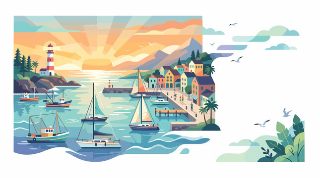 Serene coastal town with sailboats harbor.