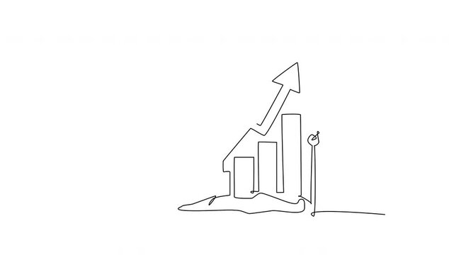 Growth concept depicted in a continuous line drawing animation showing a woman nurturing a financial bar chart with an upward trend arrow symbolizing business development and success