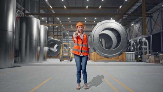 Full Body Of Asian Female Engineer With Safety Helmet Smiling And Touching Her Chest Then Pointing At You While Standing at Heavy Factory with Large Turbine Components
