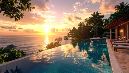 Obraz premium A serene infinity pool overlooking the ocean at sunset (387)
