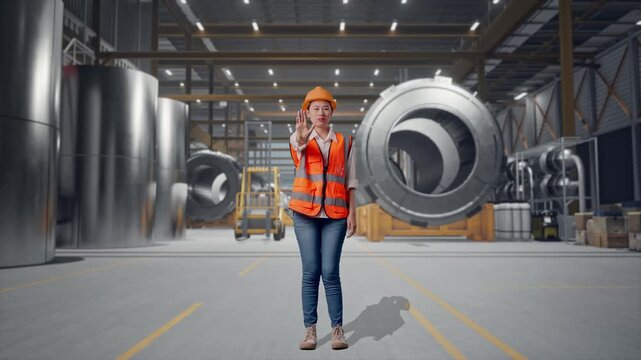 Full Body Of Asian Female Engineer With Safety Helmet Disapproving With No Hand Sign While Standing at Heavy Factory with Large Turbine Components