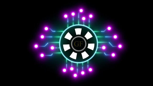 Futuristic AI Processor Chip with Neon Circuit Connections on Dark Background