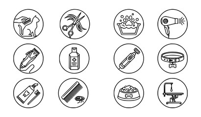 Fototapeta premium Geometric pet care badge icons vector set with circular line art grooming service emblems