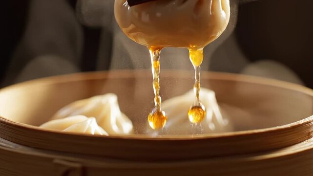 dumpling lifted with chopsticks close-up over bamboo steamer, juicy filling dripping broth, traditional asian cuisine moment, hot meal preparation and authentic food experience for restaurant concept