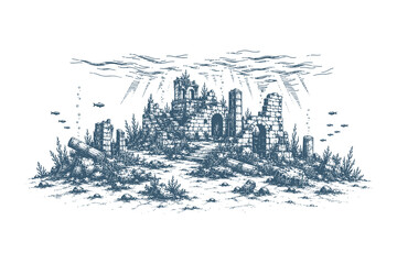 Fototapeta premium Detailed vintage engraving style vector illustration of a submerged ancient city ruin with crumbling structures graphic resource