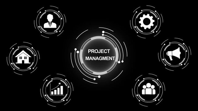 Dynamic project management infographic interface featuring animated digital for business strategy, team collaboration, workflow optimization, corporate planning, and data analysis in a modern tech