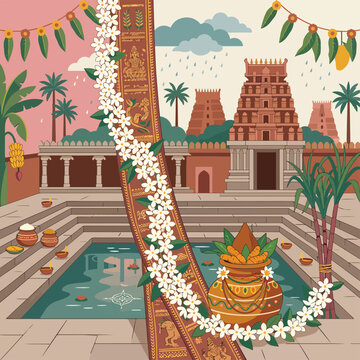 Hindu Temple Pool and Architecture.