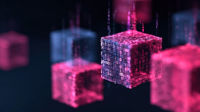 Digital information blocks rendered with luminous binary code float in a dark abstract space