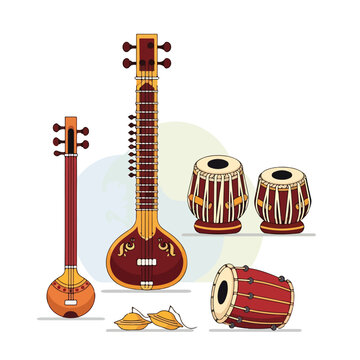 Various traditional Indian musical instruments on display