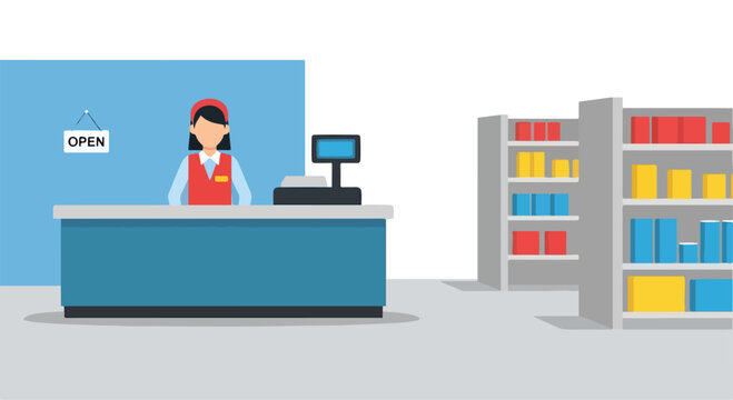 A store clerk standing behind a checkout counter