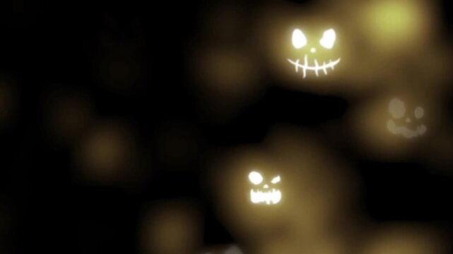 Glowing Halloween Pumpkin Faces Animation with Bokeh Lights, Spooky Ghostly Background Effect for Horror and Holiday Videos