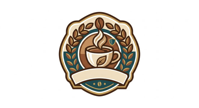 Coffee Cup Emblem with Steam and Coffee Beans.