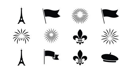 Minimalist graphic icons showing eiffel tower french flag fleur de lis fireworks and hat. © Tuli