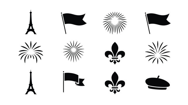 Minimalist graphic icons showing eiffel tower french flag fleur de lis fireworks and hat.