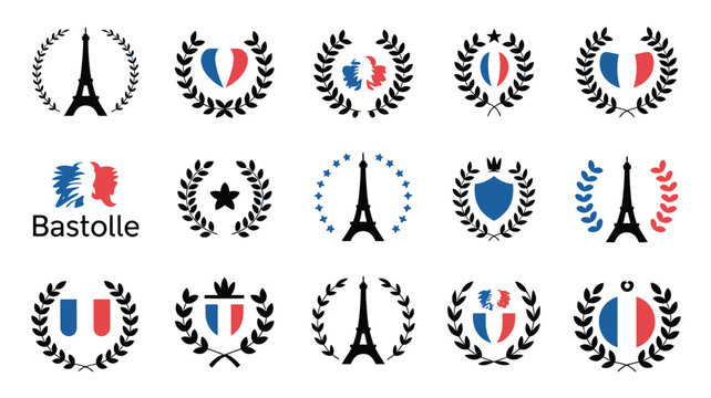 Set of 15 eiffel tower and wreath graphic design elements for french national day.