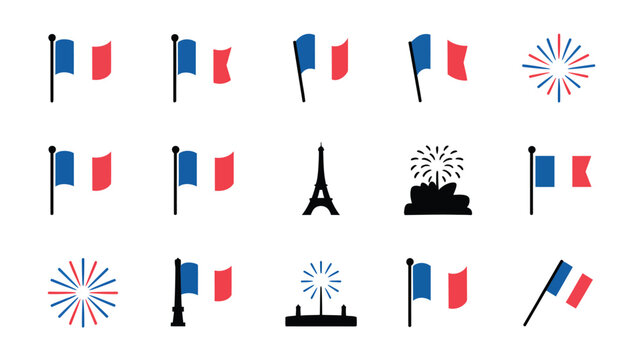 French flag icons and celebration symbols collection for bastille day with eiffel tower.