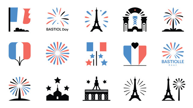 Abstract bastille day design elements with blue and red fireworks and french flag symbols.