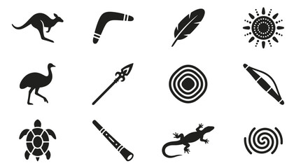 Aboriginal art collection, traditional australian indigenous symbols, black silhouettes. © Tuli