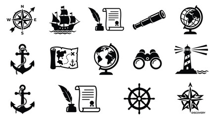 Nautical discovery set with sailing ship compass globe map anchor lighthouse and telescope. © Tuli