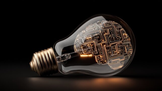 Illuminated glass bulb contains a glowing digital circuit shaped like a human mind resting on a dark surface.