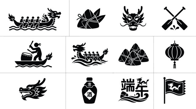 Traditional dragon boat festival icon set featuring rowers zongzi and cultural symbols.
