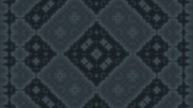 Intricate dark geometric kaleidoscope pattern featuring symmetrical diamond motifs and ornamental textures. Elegant seamless motion background with repeating shapes, depth, and visual harmony.