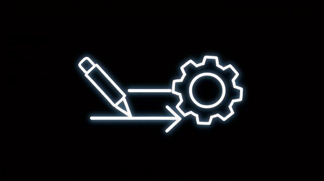 Neon Glowing Outline Icon of a Pencil Drawing an Arrow Towards a Mechanical Gear Representing Workflow and Design Process