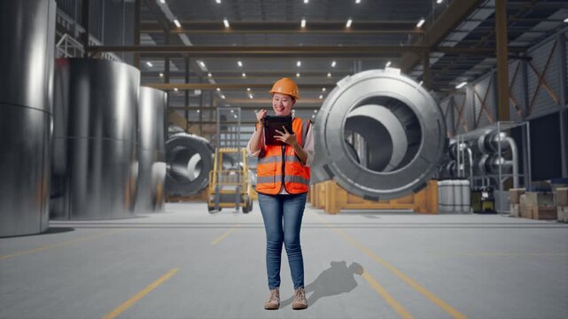 Full Body Of Asian Female Engineer With Safety Helmet Taking Note On The Tablet And Looking Around While Standing at Heavy Factory with Large Turbine Components