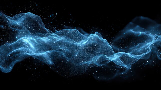 Glowing blue particulate matter flows across a dark background in a dynamic abstract wave