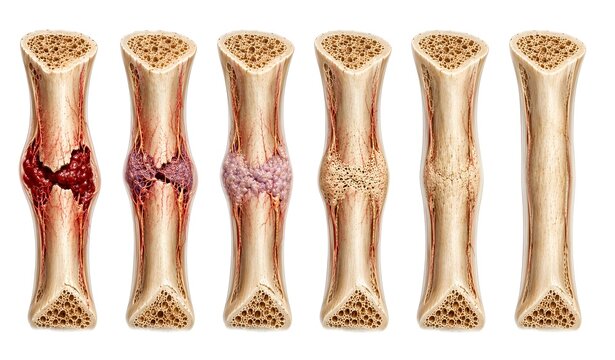 Bone Fracture Healing Stages Medical Illustration Showing Hematoma Formation Callus Development Bone Remodeling and Complete Recovery.