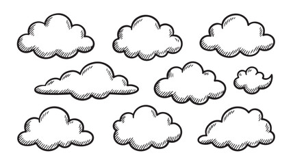 Obraz premium Cloud Vector Set: Hand Drawn Black and White Weather Illustrations and Icons