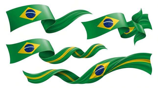 Brazil Flag Waving Ribbons Set Isolated on White Background