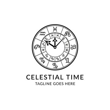Detailed mystical emblem combining a traditional clock with zodiac constellations, perfect for astrology services, horoscopes, or celestial-themed branding.