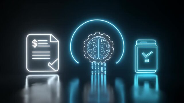 Digital Finance Strategy Concept Featuring Glowing Icons of Financial Documents Artificial Intelligence Brain and Secure Data