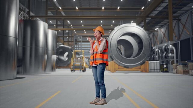 Full Body Side View Of Asian Female Engineer With Safety Helmet Smiling To Camera And Saying Wow While Standing at Heavy Factory with Large Turbine Components