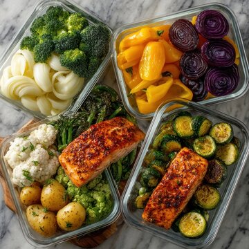 colorful meal prep containers with salmon vegetables