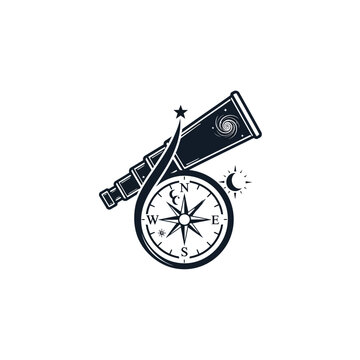 Elegant minimalist design combining celestial observation and navigation tools for explorers and scientists.