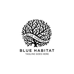 Naklejka premium Beautiful black and white logo merging a tree form with coral branches, perfect for marine ecology and environmental restoration brands.