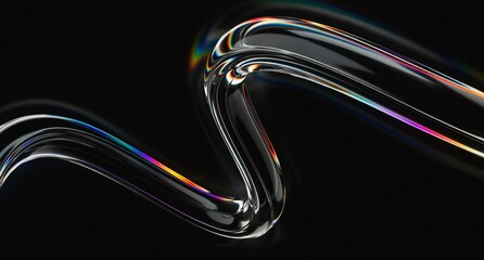 3d iridescent liquid glass ribbon wave line with neon rainbow light texture on abstract black background. 3D illustration.Holographic gradient water flow with speed motion effect. Digital tech banner. © Mehboob