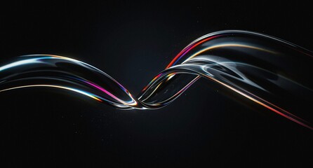 3d iridescent liquid glass ribbon wave line with neon rainbow light texture on abstract black background. 3D illustration.Holographic gradient water flow with speed motion effect. Digital tech banner. © Mehboob