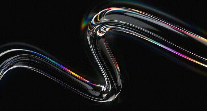 3d iridescent liquid glass ribbon wave line with neon rainbow light texture on abstract black background. 3D illustration.Holographic gradient water flow with speed motion effect. Digital tech banner.