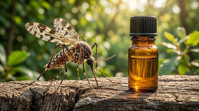 Mosquito resting on weathered wooden textured surface next to essential oil amber bottle for natural pest protection remedy against insect bites during sunny summer days outdoors macro.