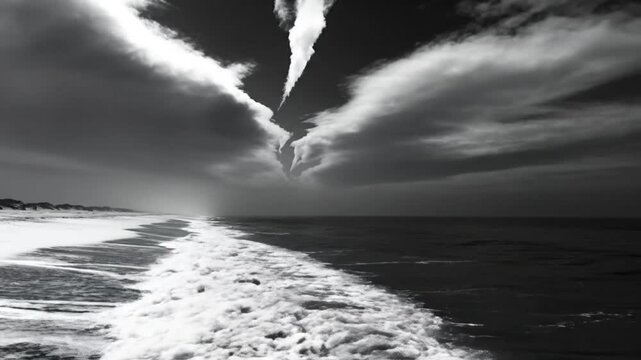 Dramatic black and white ocean shoreline with turbulent waves under ominous stormy clouds and a sky fissure.
