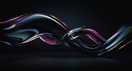 3d iridescent liquid glass ribbon wave line with neon rainbow light texture on abstract black background. 3D illustration.Holographic gradient water flow with speed motion effect. Digital tech banner. © Mehboob