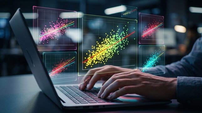 Person using laptop with colorful data visualization graphics floating above keyboard