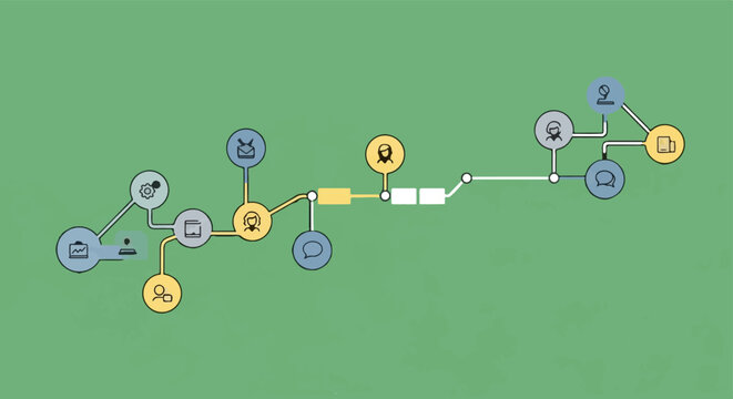 Colorful interconnected nodes representing network flow process.
