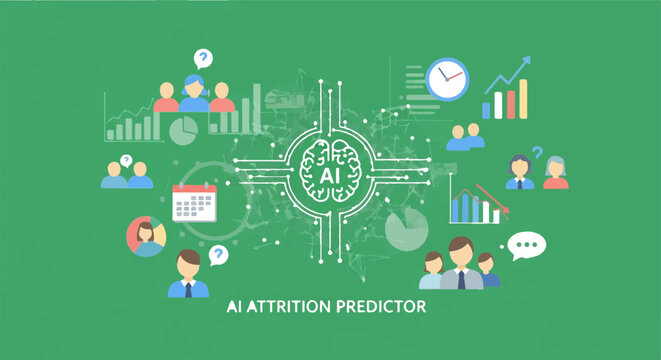 Illustrated AI Attrition Predictor with Business Analytics Icons.